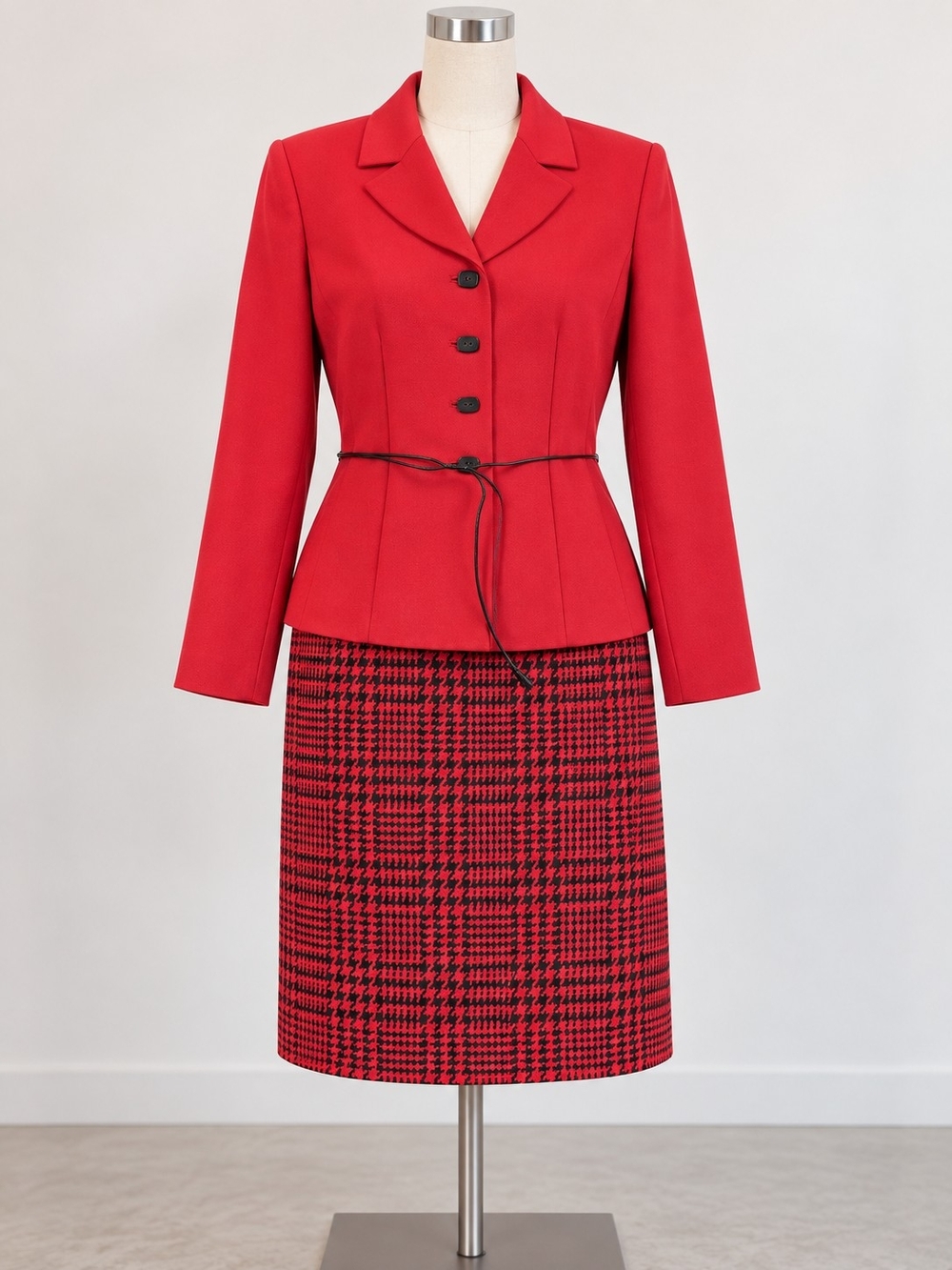 Le Suit Womens Size 10 Red Black Houndstooth Skirt Suit Blazer 2 Piece